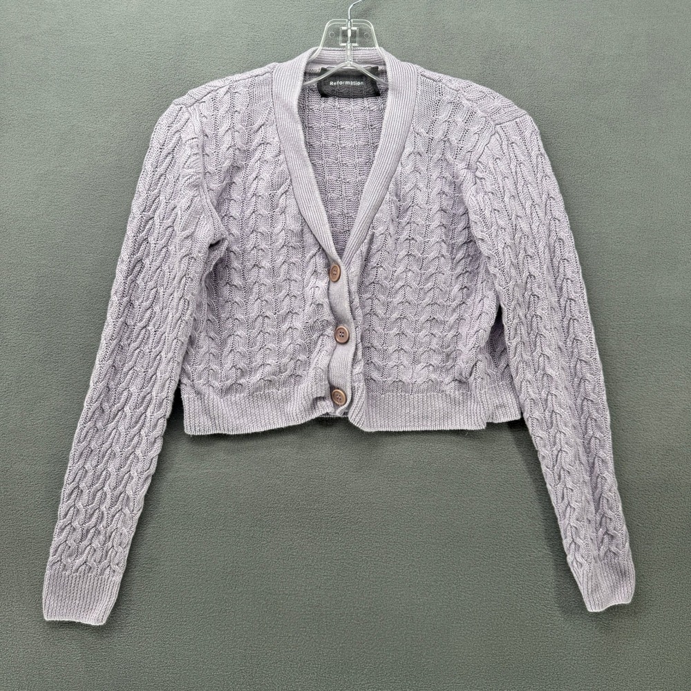 Reformation Cropped Cardigan Womens Lavender 100% Linen Cable Knit Sweater Small